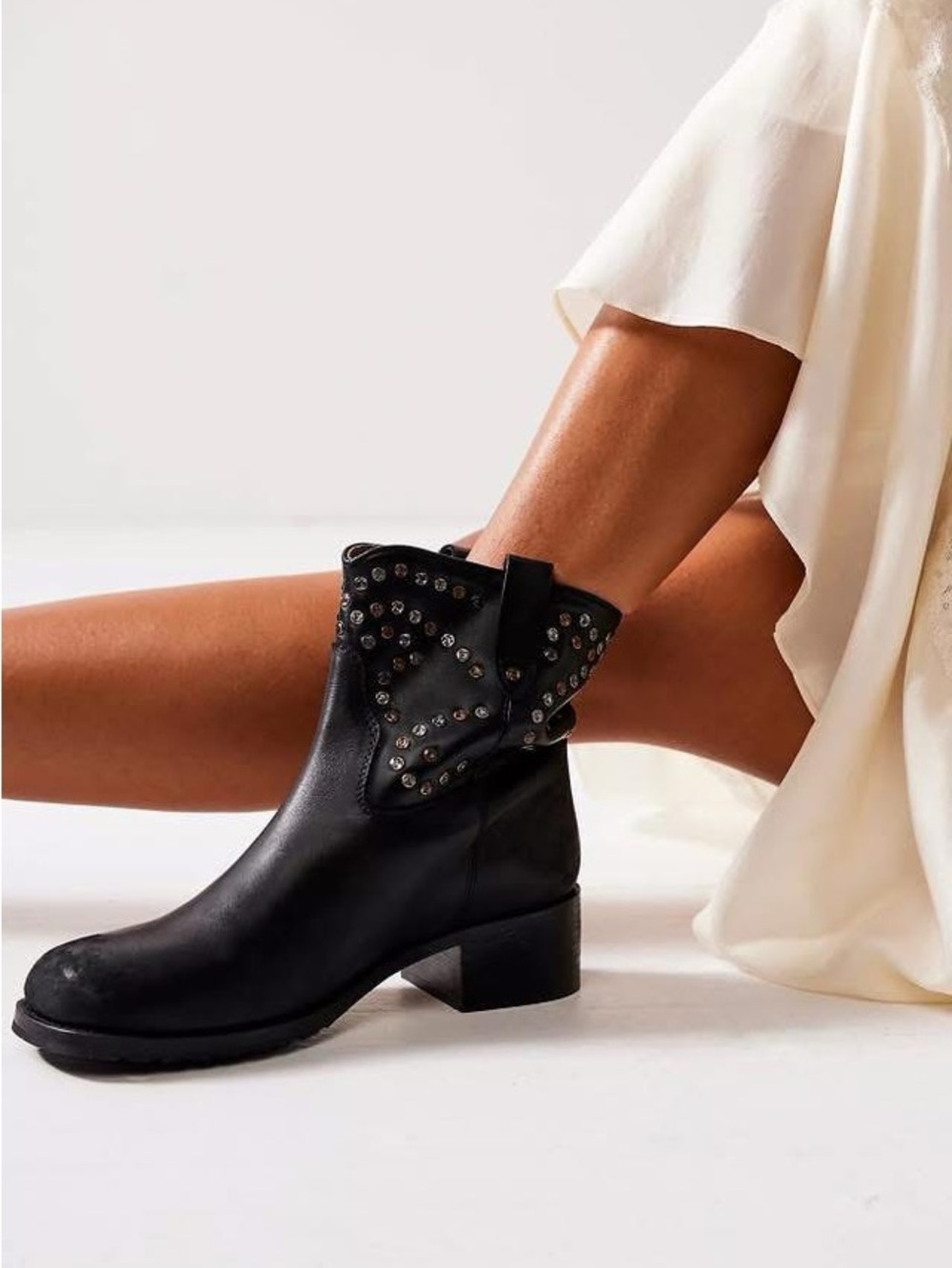 Free People Harmony Studded Ankle Boots Size 9 Black Leather Festival Grunge New